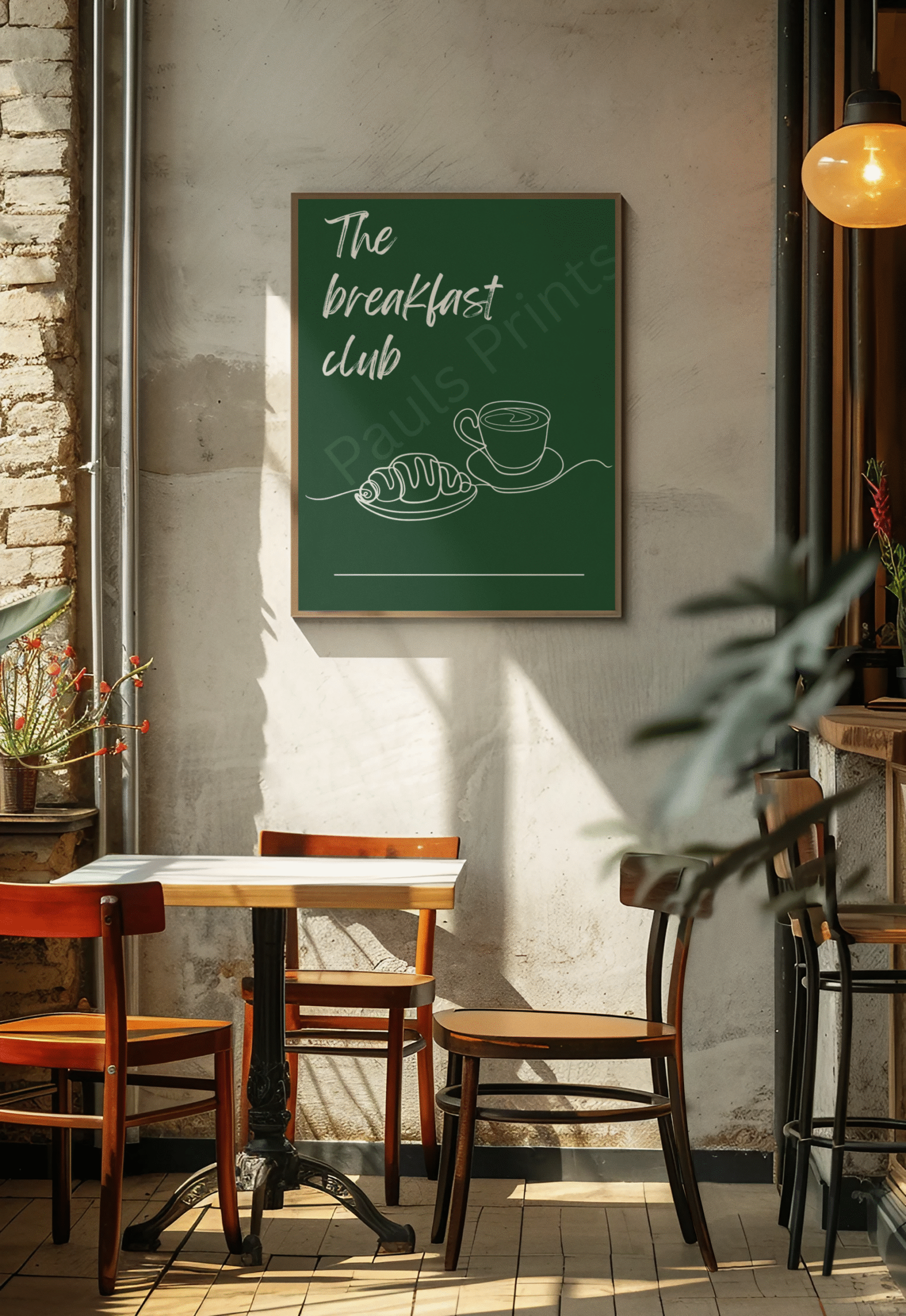 Rustic coffee shop scene featuring a green "The Breakfast Club" framed artwork above a table and chairs in warm sunlight with brick and concrete textures.