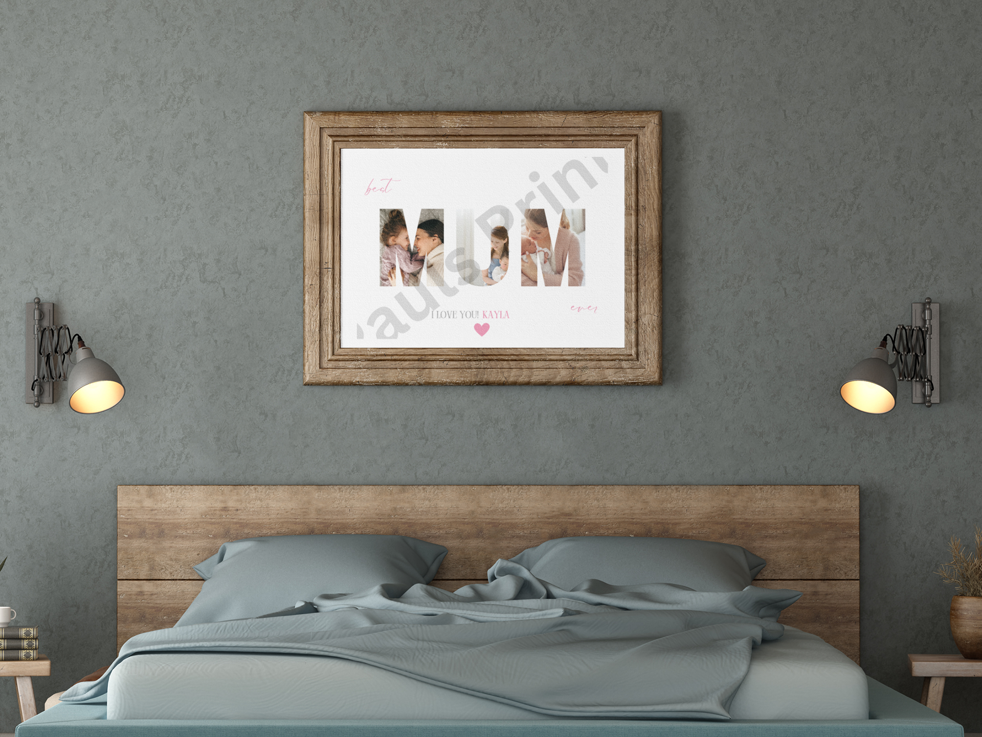 Rustic wooden frame with MUM photo collage print above a double bed, personalised with the name "Kayla" and heart design.