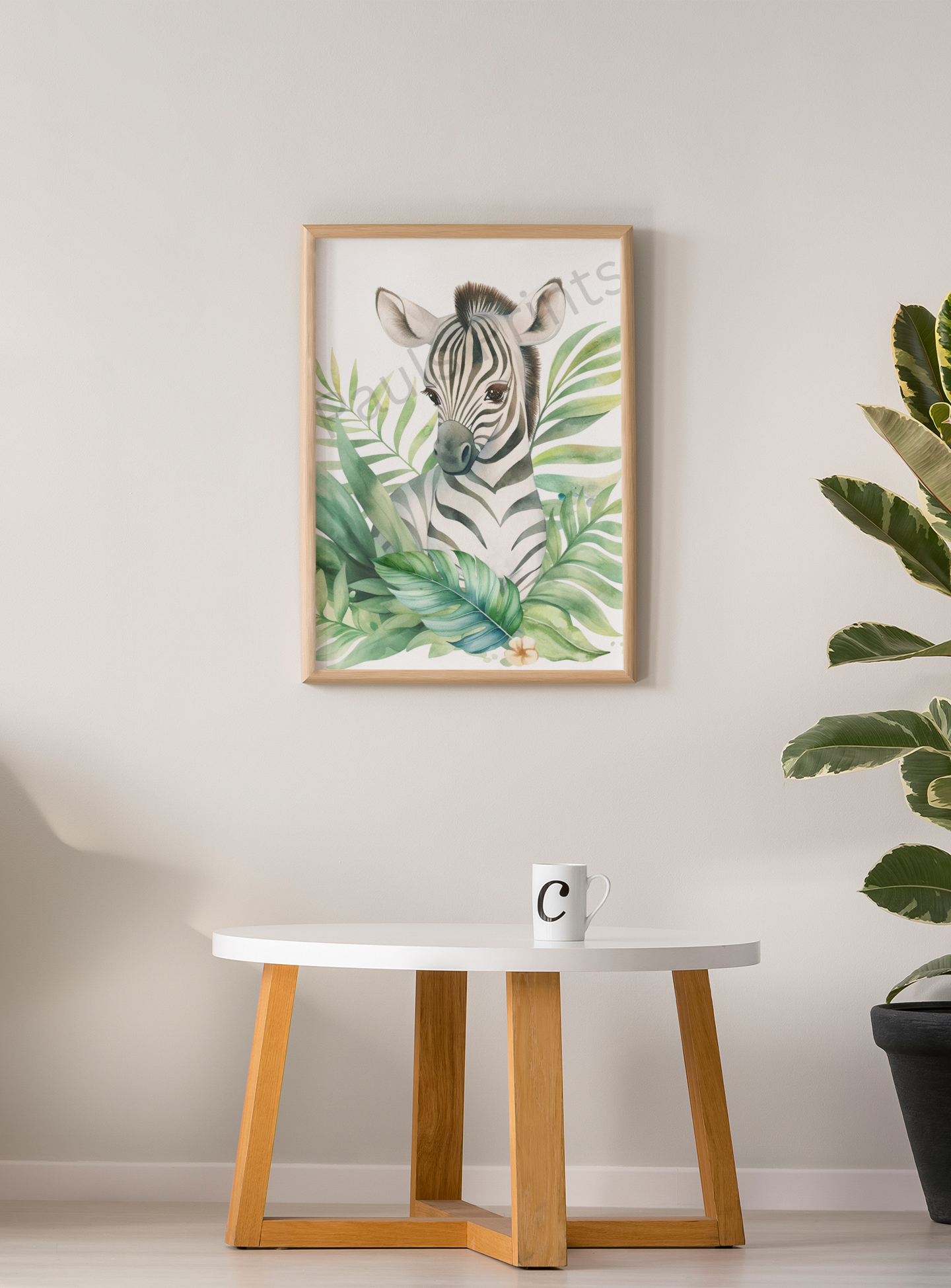Wooden-framed zebra illustration with tropical leaves, hanging above a small white coffee table in a modern minimalist room with plants.
