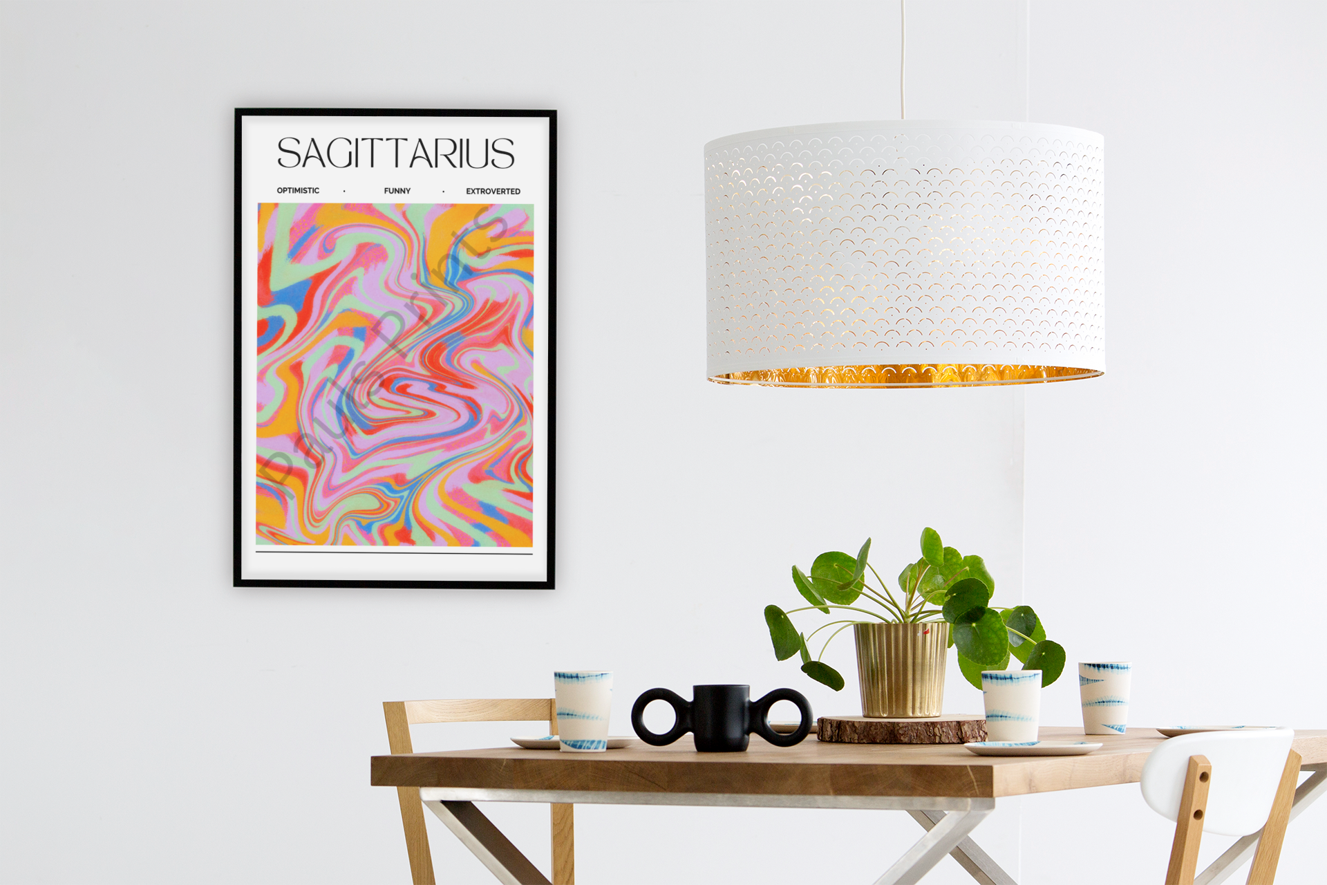 Sagittarius Zodiac Print – Bold and Colourful Star Sign Poster Alt Text: Framed Sagittarius print with vibrant swirls hanging above a dining table with modern pendant light, cups, and plant.