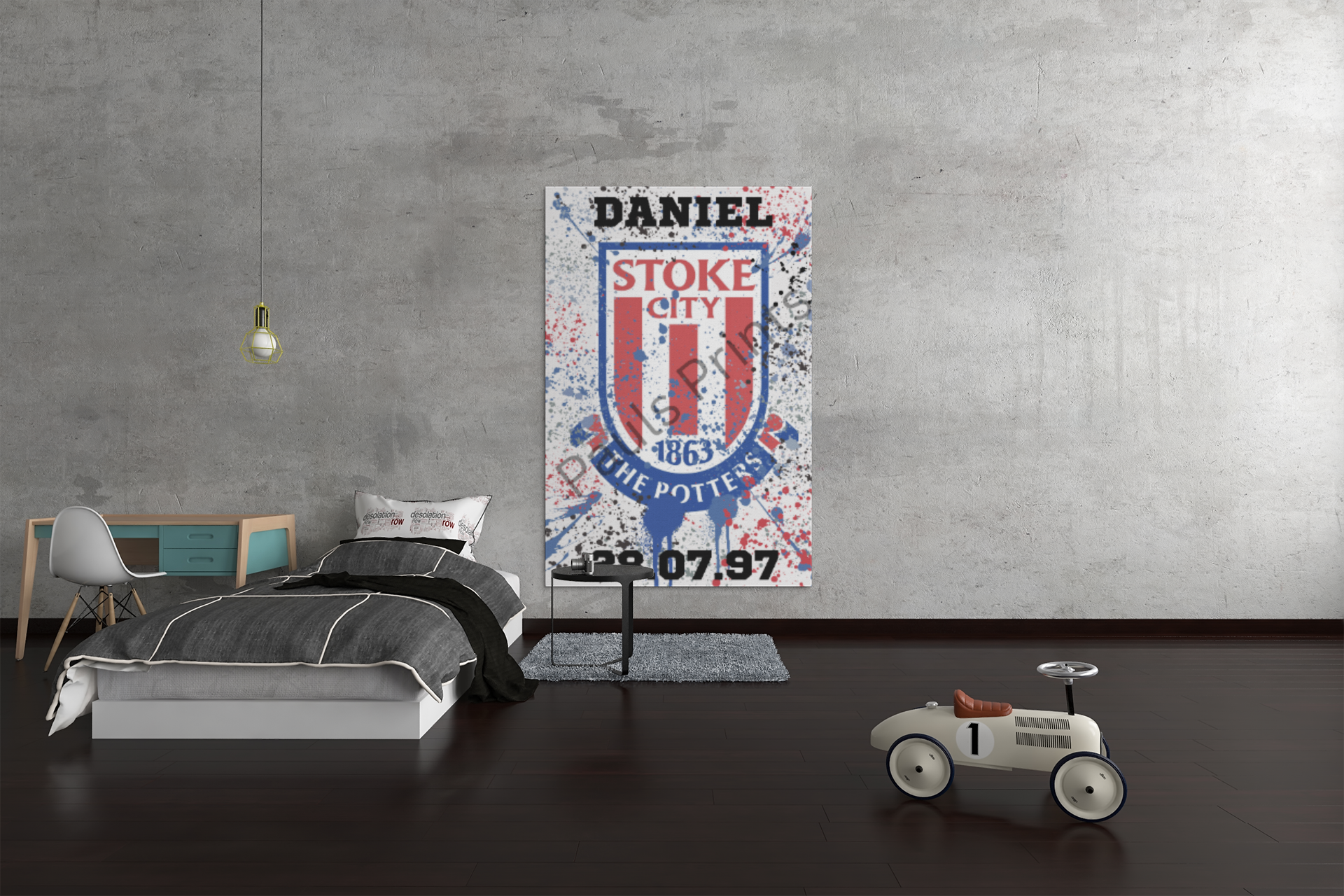 Oversized personalised Stoke City print on concrete wall in child's bedroom with modern furniture and toy car.