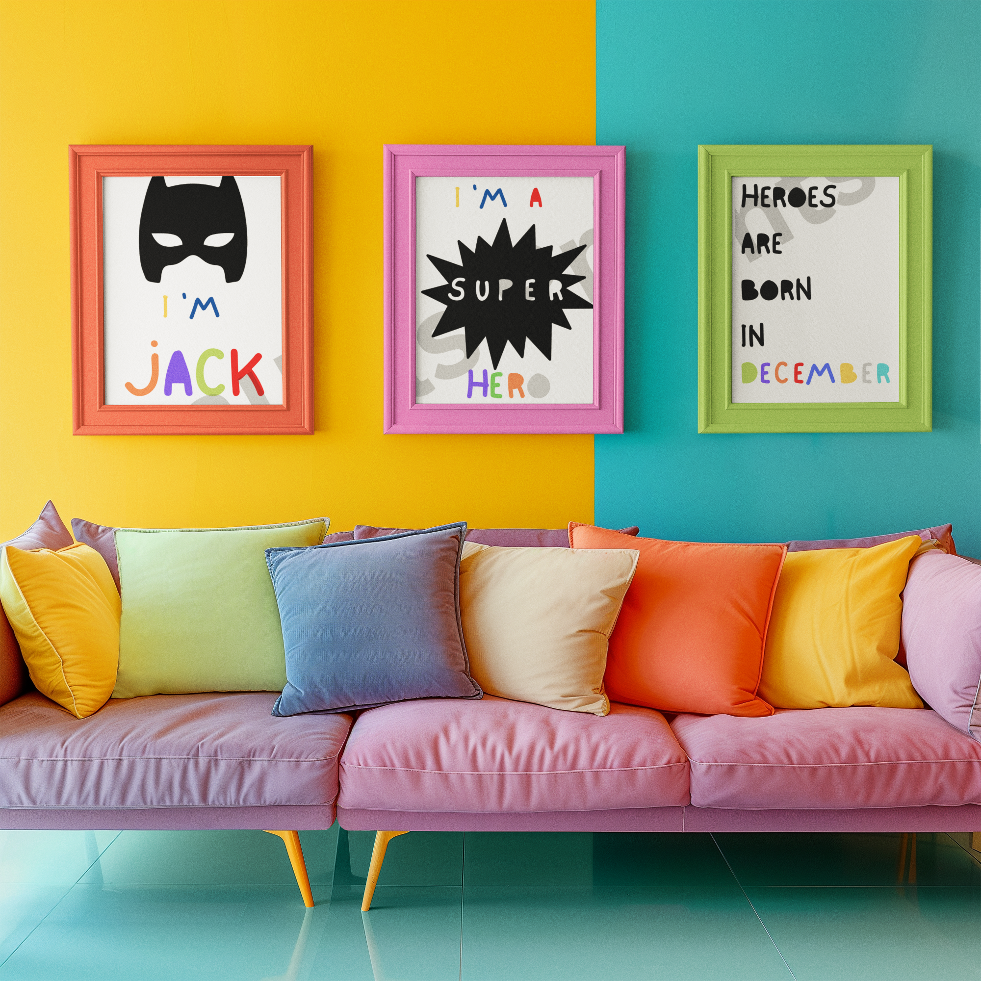 Bold superhero-themed wall art featuring personalized name and birthday message hangs above a sofa with vibrant cushions and a two-tone background wall.