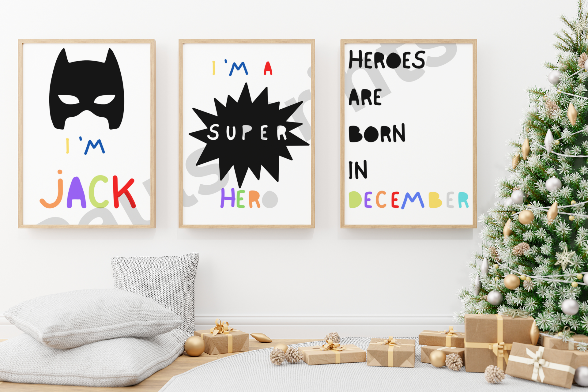 Three framed superhero prints hang beside a decorated Christmas tree and wrapped presents, adding a seasonal twist to personalized kids’ wall art.