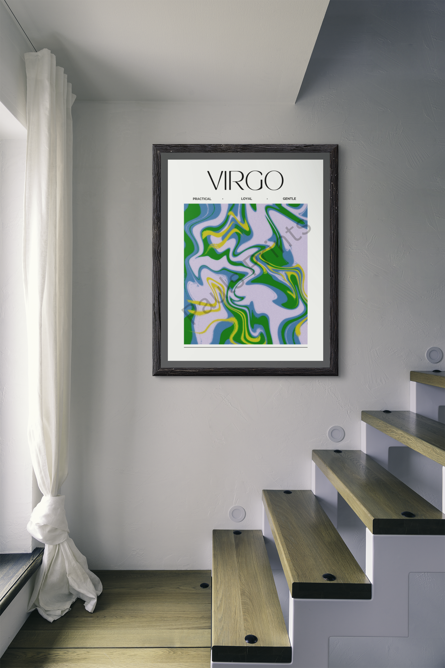 Elegant Virgo zodiac print featuring calming abstract shapes in green and lilac, mounted on a soft grey wall by a modern staircase.