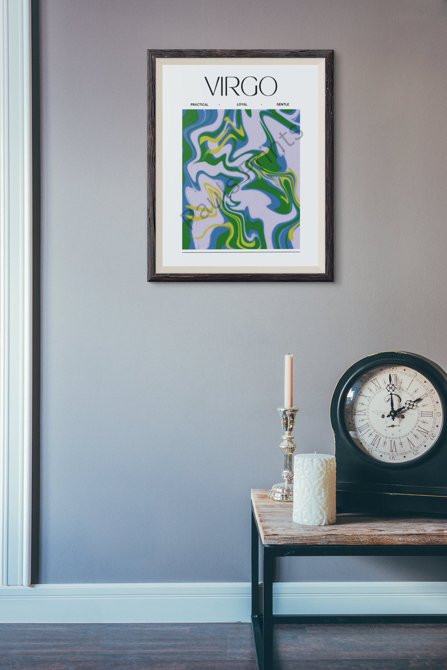 Virgo sign artwork in a dark wood frame, hung above a rustic table with candles and a large vintage clock, creating a timeless, tranquil atmosphere.