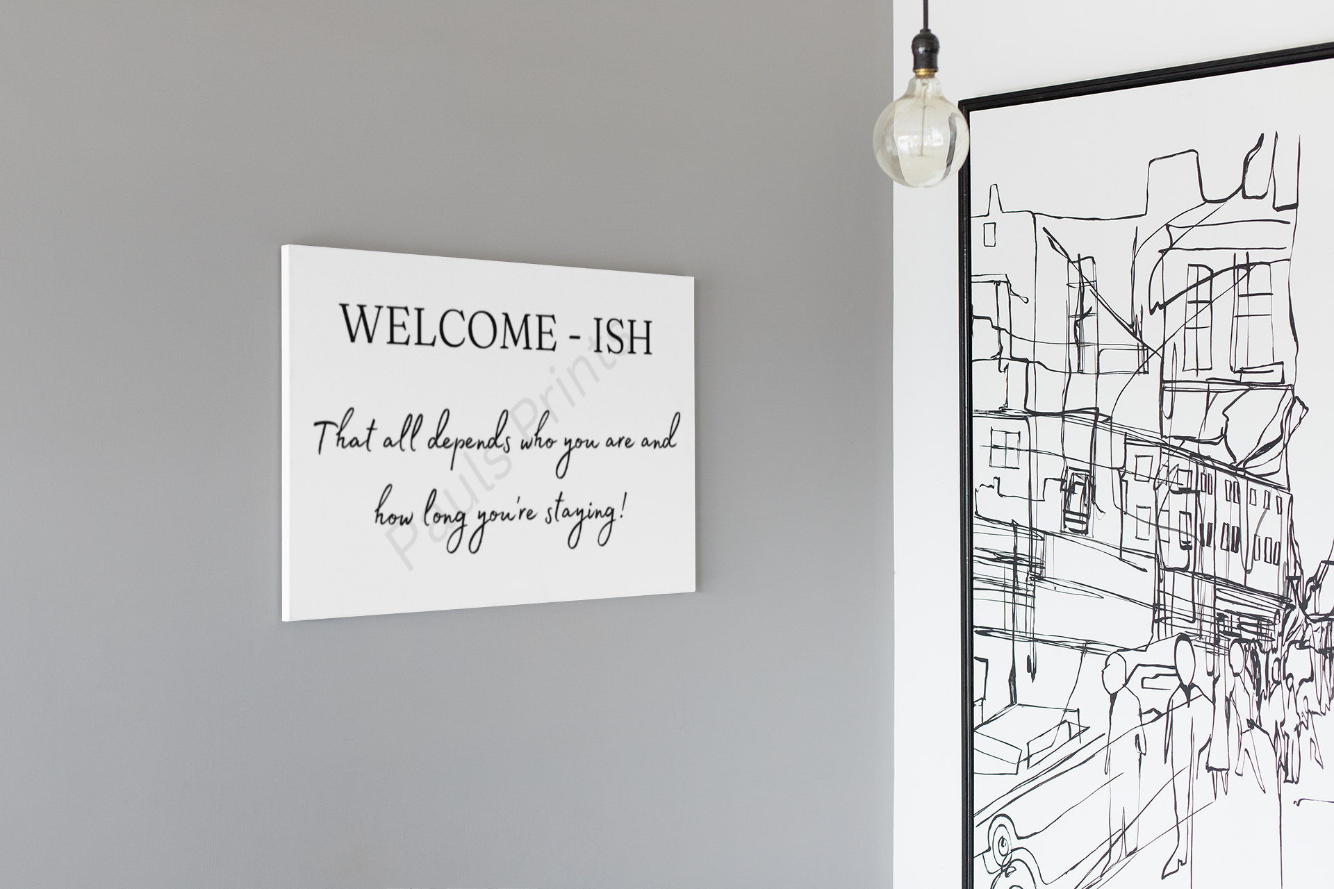 Minimalist “Welcome-ish” wall print displayed on a grey wall next to a large black and white abstract artwork.