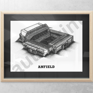 Framed Anfield stadium sketch in light oak frame with black border, mounted on grey concrete wall for modern football-themed home decor
