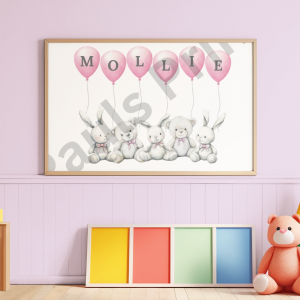 Framed pastel name art with MOLLIE in pink balloons held by bunnies and bears, styled in a pink-themed children’s playroom with toys