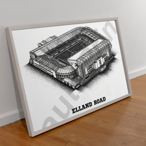 Detailed black and white illustration of Elland Road stadium in a light wood frame, leaning against a white wall on wooden flooring